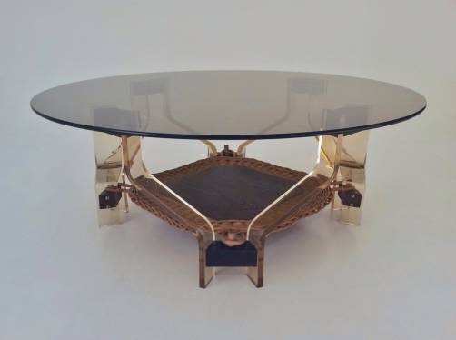 Lucite, wood & glass vintage sculptural coffee table with rattan shelf, 1970`s ca, Danish